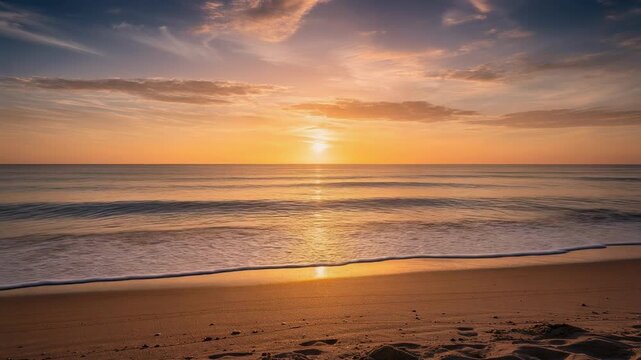 Serene sunrise over ocean beach wave sand horizon with gentle waves lapping sandy shore soft clouds warm golden light