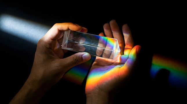 A hands holding a prism dispersing light into a vibrant rainbow spectrum across dark background