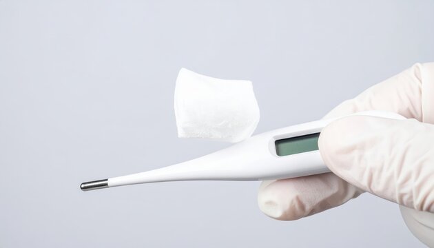 Digital ear thermometer with a fresh disposable probe cover held by a gloved hand, ready for temperature measurement