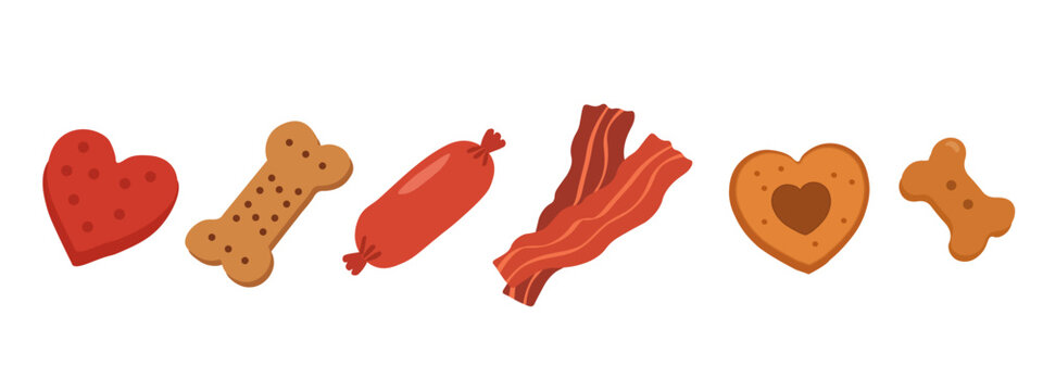 A set of various dog treats and dry biscuits arranged in a horizontal row on a white background including bone shaped snacks red hearts sausage and bacon strips for domestic pets.
