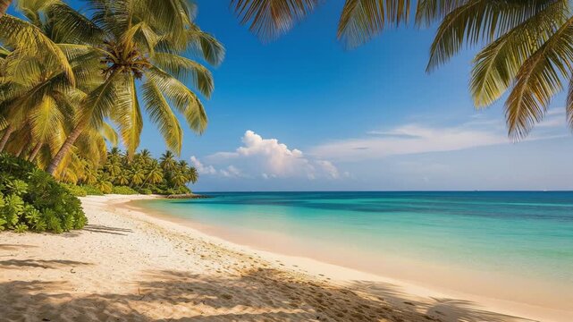 Palm tree sandy beach turquoise sea tropical island clear sky golden sand palm shoreline ocean coastline tropical lagoon golden