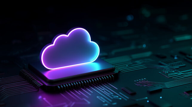 Cloud computing icon glowing above microchip on dark circuit board, cloud infrastructure concept, data storage, server technology, digital transformation, cybersecurity, network co