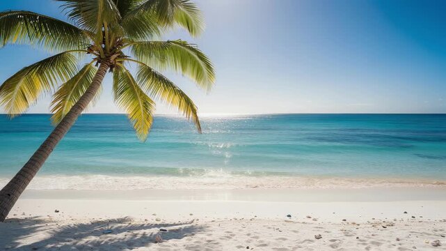 Serene tropical beach with gently swaying palm tree crystal clear turquoise water soft white sand ocean horizon sunlight creating