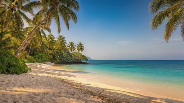 Serene tropical beach with swaying palm tree gentle wave lapping golden sand warm sunlight calm turquoise ocean clear blue sky