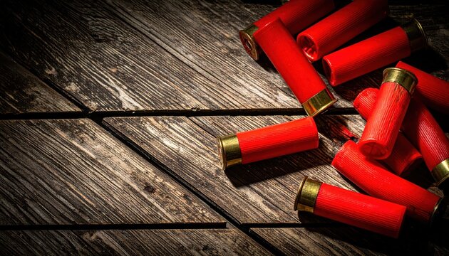 Empty bright red and brass shotgun shells scattered on weathered wooden floor