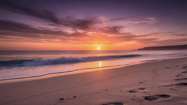 Firefly serene twilight sunset beach with gentle waves colorful clouds and footprints sand creating calm mood warm glow
