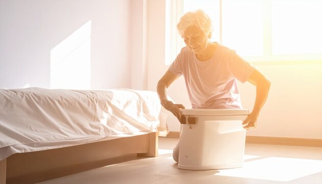 Elderly woman with bedside commode next to neatly made bed in sunlit home care setting