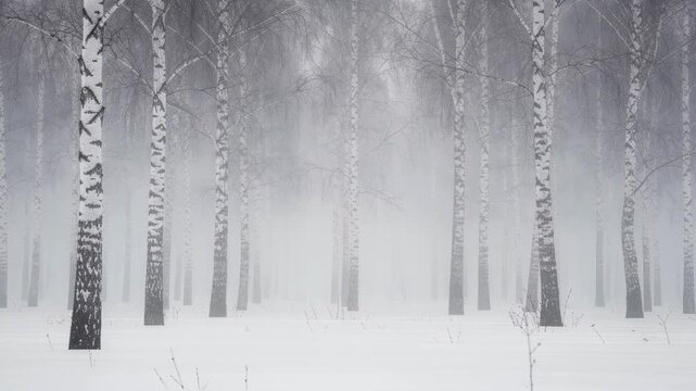 Serene winter birch forest with tall white trunks rising through soft mist and deep snow, serene winter forest with tall birch