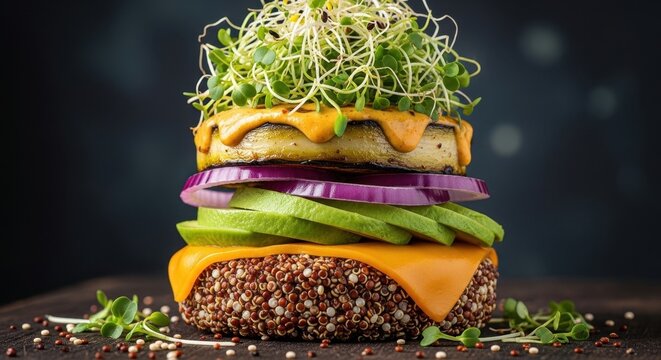 Artisan Quinoa Veggie Burger Stack with Fresh Avocado and Sprouts