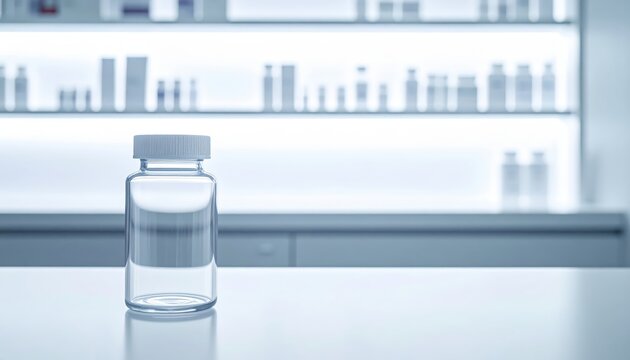 Empty glass medication vial with white stopper on a clean laboratory counter shelf, awaiting treatment or research