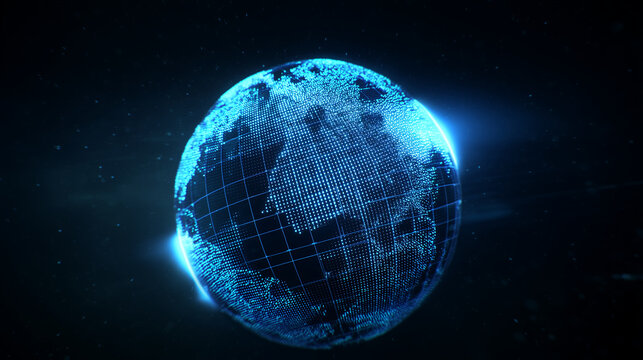 Digital globe with blue grid over Earth in deep space, global network concept, world data map, satellite technology, cybersecurity, international communication, cloud infrastructur