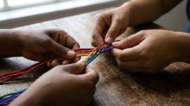 Two people's hands braiding colorful rainbow threads on a rustic wooden table