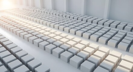 Obraz premium Abstract 3d grid of white cubes in empty room with sunlight reflection