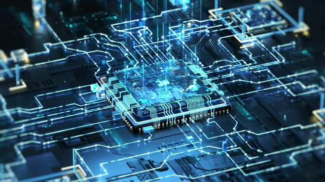 High tech chips are connecting circuits to process data information, glowing microchip sits at the center of an intricate, luminous circuit board, with digital data streams flow through its pathways.