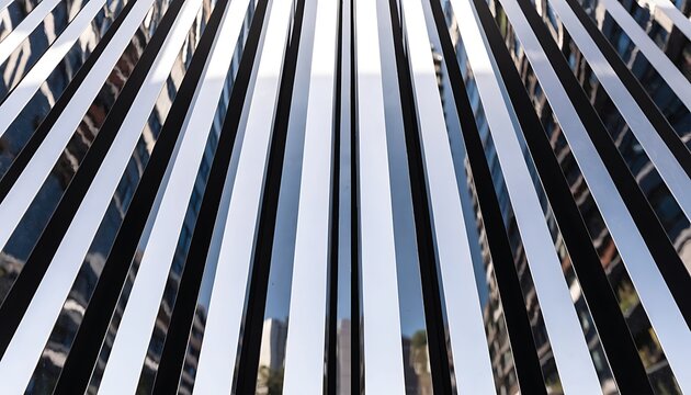Abstract pattern of parallel vertical metallic silver stripes with reflections, creating a sense of depth and repetition against a bright sky