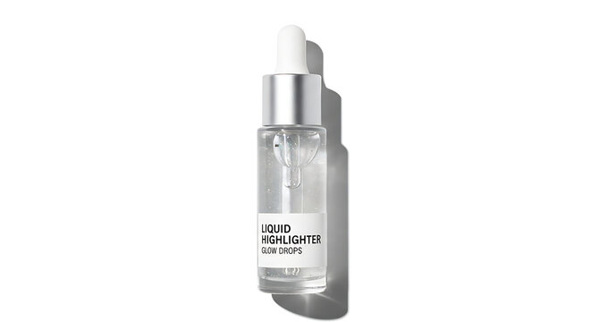 Transparent glass dropper bottle of liquid illuminating serum for radiant skin
