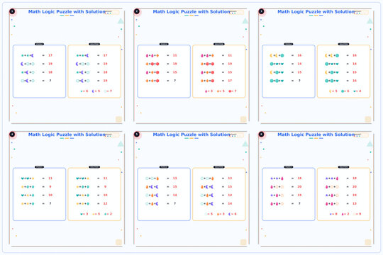 Colorful visual math puzzles with equations and solutions displayed  