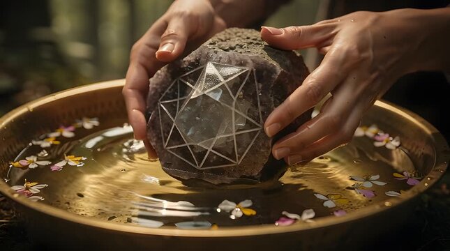 Hands holding crystal ball on plate.