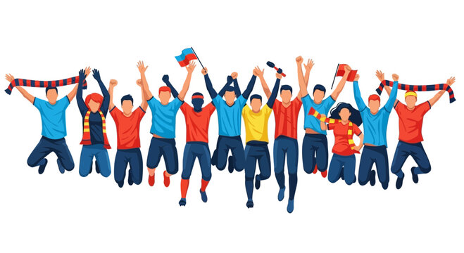 Excited Sports Fans Cheering, Jumping with Flags and Scarves