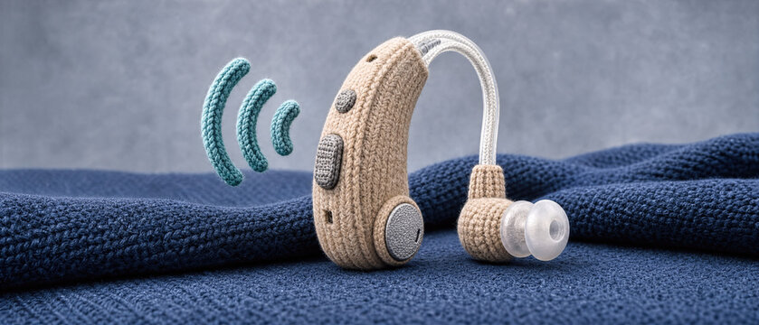 Beige knitted hearing aid model with turquoise sound waves. Handmade yarn audiology concept on dark blue textured fabric