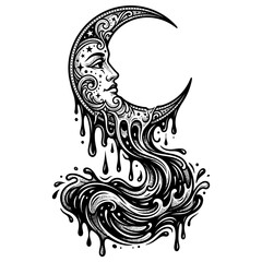 Fototapeta premium Crescent moon face illustration, flowing shapes, celestial design