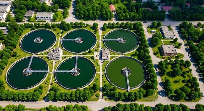 Aerial view of wastewater treatment plant with circular clarification basins