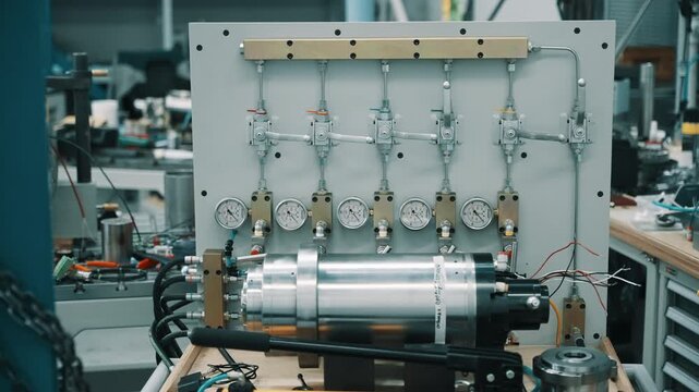 Industrial pneumatic control panel with pressure gauges, valve manifold, and cylindrical actuator assembly on a laboratory test bench in an engineering workshop