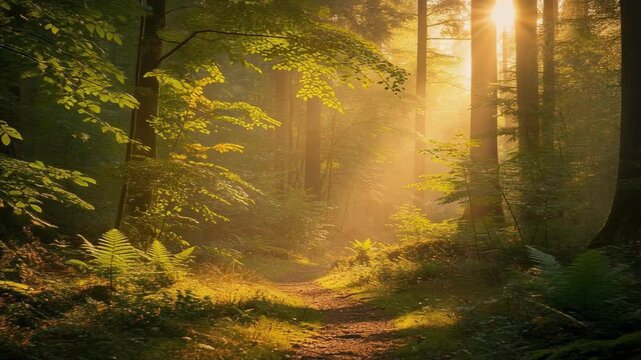 Tranquil forest path bathed golden light with lush green fern and tree sunlight filtering through woodland creating tranquil