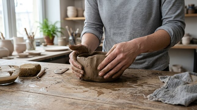 Expert craftsperson shaping a mound of wet terracotta clay spinning on a wooden pottery wheel inside a bright studio, coaxing a graceful handmade ceramic bowl with focused precision and practiced