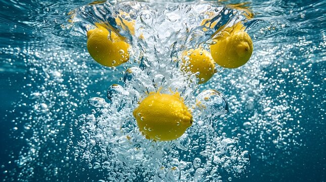 Dynamic action shot of fresh whole yellow lemons falling into clear water with high speed splashing and bubbles, illustrating freshness, movement, and liquid explosion in a clean studio environment