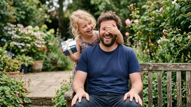 Heartwarming moment of a young child surprising their happy father with a gift for Father's Day celebration at home, capturing love, joy, and family bonding in a cozy living room atmosphere.