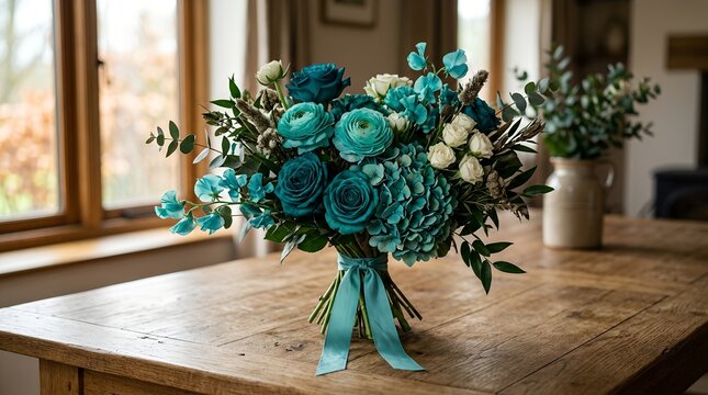 Elegant arrangement of teal flowers creating a stunning floral bouquet for awareness campaigns, turquoise colored blossoms representing hope and solidarity for health related causes.