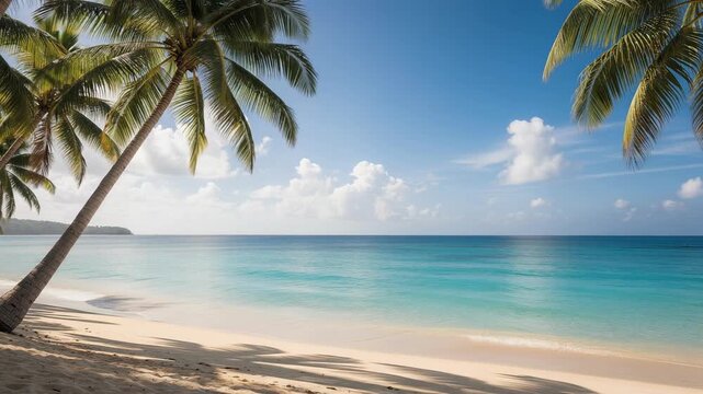 Firefly tranquil tropical beach palm tree shadows framing clear turquoise water lapping soft white sand sunny blue sky serene mood