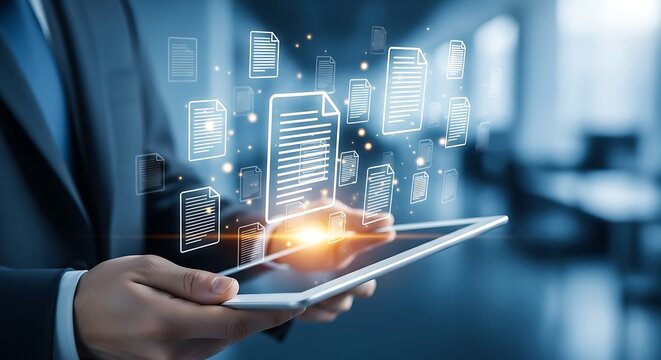 Digital documents flowing from tablet screen data transfer and technology concept