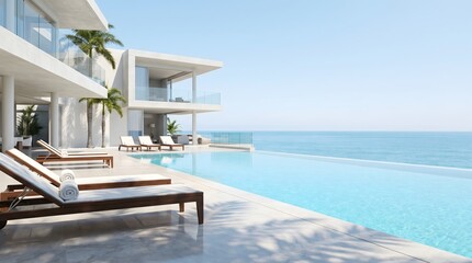 Fototapeta premium Luxury resort villa with infinity swimming pool overlooking the blue ocean . White modern architecture of a tropical holiday estate under clear blue sky .