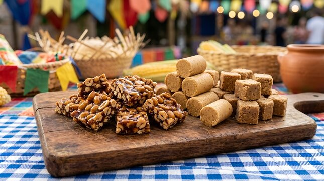 Traditional Brazilian Peanut Candies Pacoca and Pe de Moleque Arranged Artistically for Festa Junina Celebrations Showcasing Authentic Regional Flavors and Sweet Culinary Heritage of Brazil