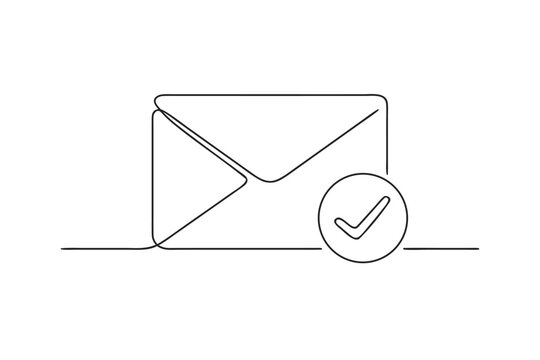 Minimalist Continuous Line Drawing of a Mail Envelope with a Success Check Mark Symbolizing Verified Delivery Message Sent and Secure Communication in a Modern Simple Vector Art Style