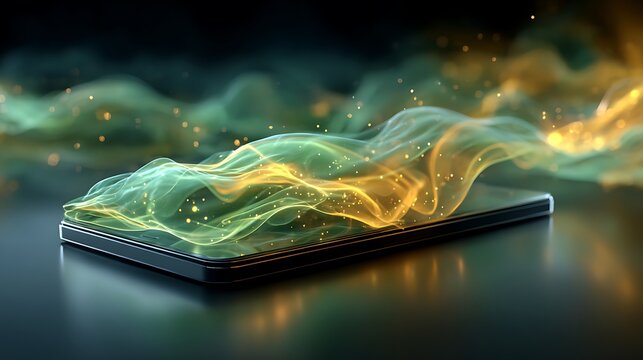 Smartphone dynamic data visualization concept glowing signal waves technology pictures