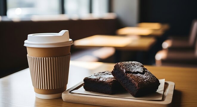 Takeaway coffee cup with chocolate brownies on wooden board, blurred coffee shop background