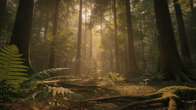 Forest sunlight morning mossy floor tall tree trunks fern sunbeam serene atmosphere sunlit ancient forest floor with ferns