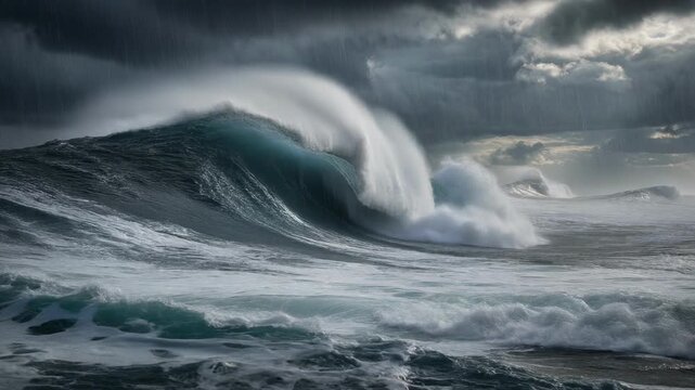 Stormy ocean wave crashing with heavy rain and dramatic sky, surf and wave crest under powerful storm energy