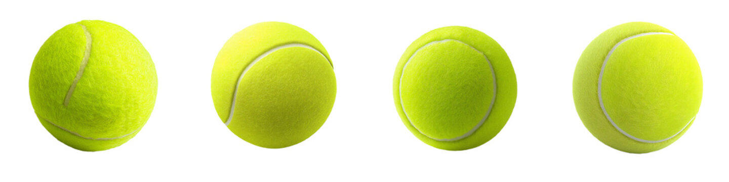 Tennis balls in different positions showing their round shape and fuzzy texture on a white background