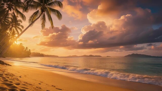 Golden sunrise over palm tree lined sandy beach with golden light filtering through palm trees gentle ocean wave cloud formation