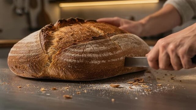 Hand slicing rustic sourdough loaf of crusty artisan bread wooden counter with warm kitchen light, crumbs and skillful slicing