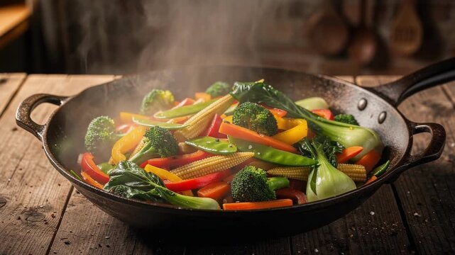 Steaming vegetable stir fry broccoli baby corn bell pepper bok choy snap pea carrot snow pea vibrant fresh savory colorful