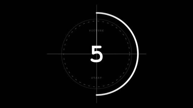 Countdown digital timer with animating numbers for movie film production, video projects, or event presentations. Opener, intro, or start sequence graphic element.