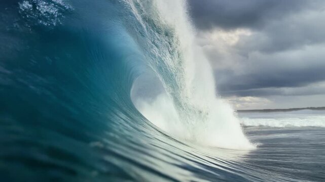 Powerful ocean wave curling into blue barrel and crashing with dramatic motion under cloudy sky, surf water curl barrel surf