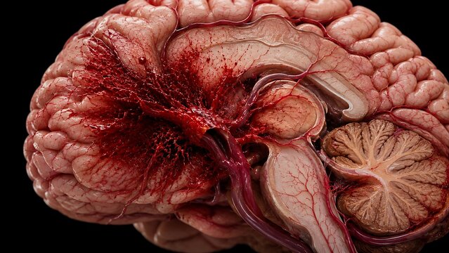 Brain Hemorrhage with Ruptured Cerebral Blood Vessel and Intracranial Bleeding, Medical Illustration
