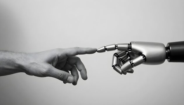 Human and robot fingers touching in a symbolic gesture of connection and future