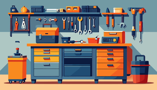 A tidy workshop workbench with tools neatly organized on the wall and in drawers, ready for use